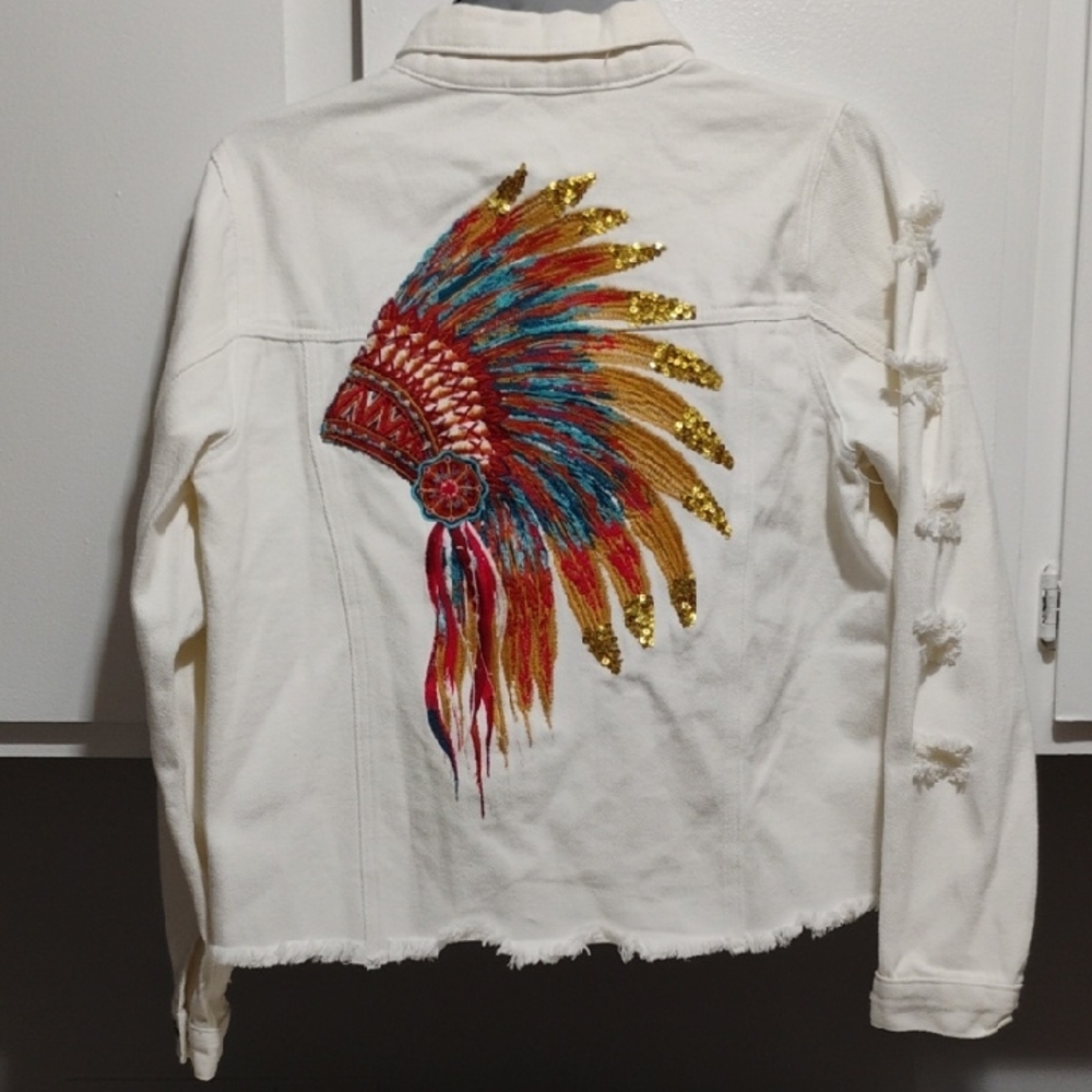 (X1) SALE! Savanna Jane Denim Distressed Jacket/Sequin Indian Head Embroidery